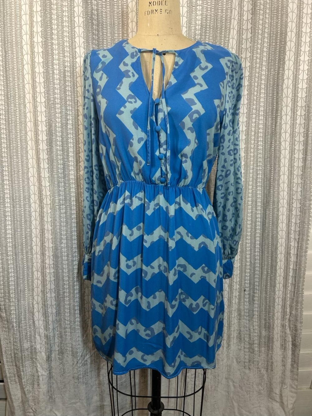 Sky and Royal Blue Chevron Tie-Neck Long Sleeve Dress